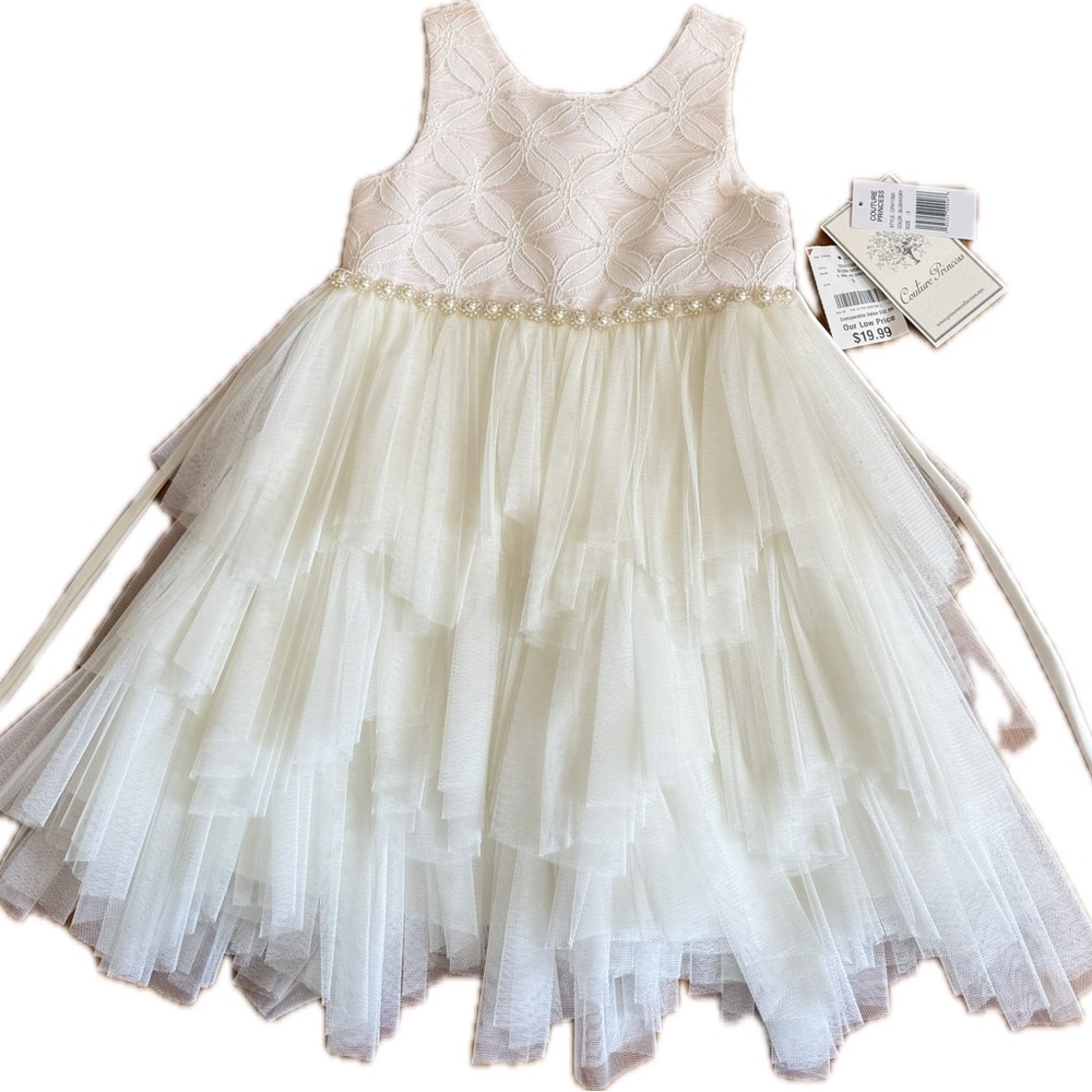 Elegant Cream Kids Dress with Pearl Detailing